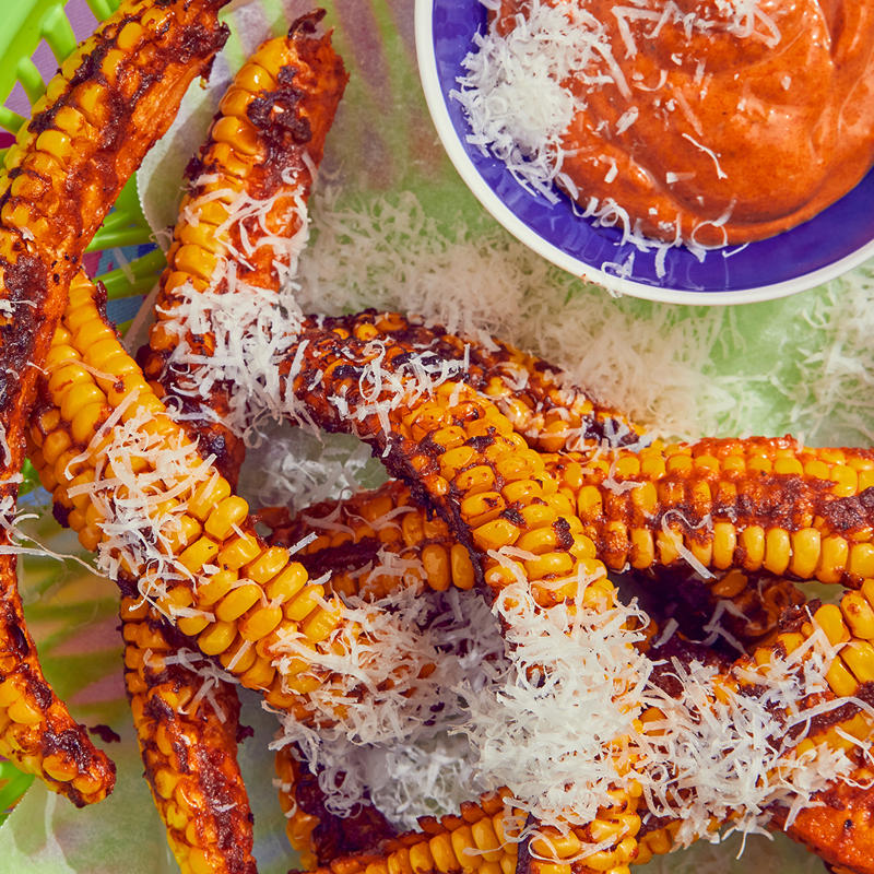 Air fryer carrots , Four-ways with air fryer roast potatoes , Air fryer Sriracha vegetable tempura , Steph de Sousa’s air fryer Mexican-style corn ribs , Air fryer chips and wedges six ways , How to make lentil-stuffed eggplant in your air fryer