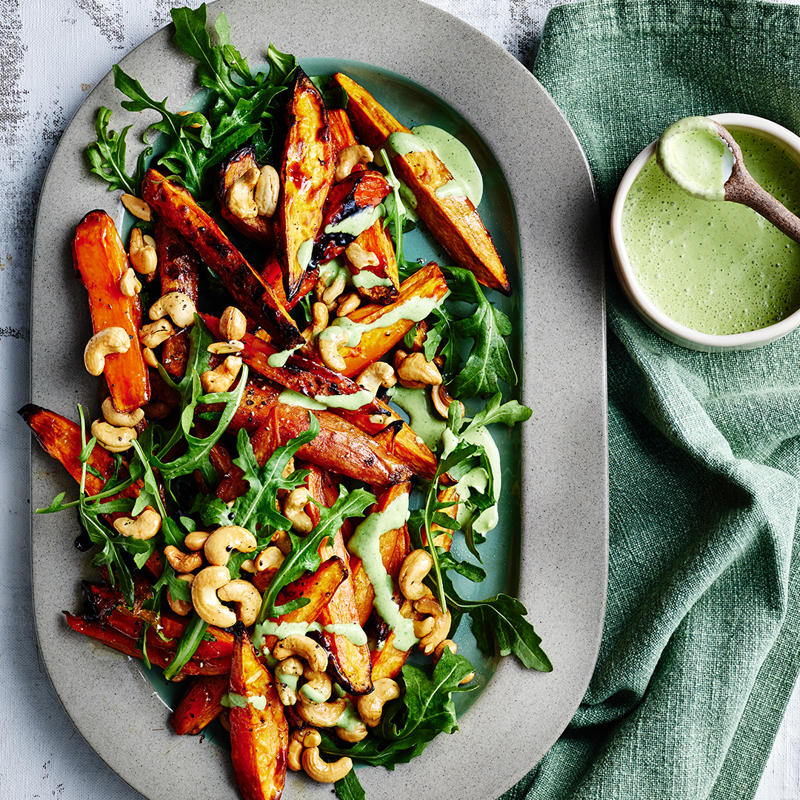 Sweet potato tips, What to serve with sweet potatoes, Choosing and storing tips, Kohlrabi & sweet potato rosti with cashew dip , Sweet potato pizza with fig and pancetta , Slow-cooked pork belly with crushed sweet potato , Sweet potato rösti with haloumi and tomatoes , Pumpkin and sweet potato pie , Tomato, chorizo and sweet potato hotpot , Sweet potato brownies with espresso topping , Roasted sweet potato with green goddess dressing , Air fryer sausages with sweet potato hash browns , Ocean trout salad with edamame miso dressing , Slow cooker chickpea and sweet potato curry , Haloumi schnitzel with sweet potato chips , Lamb neck chop and lentil stew with kumara carrot mash , How to make sweet potato/kumara mash , Sweet potato rösti with roasted vegetables , Sweet potato and tuna rissoles with spicy hummus , Nut-crusted barramundi with spiced kumara wedges , Vegetarian Thai yellow curry , Kumara, prosciutto and smoked mozzarella flatbreads , Kumara rösti with portobello mushrooms , Spiced sweet potatoes with whipped chive butter , Sweet potato, mint and goat’s cheese tartlets , Spiced sweet potato tart , Sweet potato bubble and squeak , Red curry coconut chicken with sweet potato , Healthy kumara and turkey burgers , Beetroot, ricotta, & hazelnut tart with sweet potato pastry , Moroccan fish and chips , Jacket sweet potato sloppy joes , Chicken and kumara sandwiches , Eggplant and sweet potato curry , Spicy kumara sausage rolls , Kumara and ‘chorizo’ tacos , Makrut lime and red curry fish parcels , Broccoli and walnut stuffed sweet potato , Maple gingerbread muffins with kumara butter , Lamb, kumara and almond curry , Creamy lamb, kumara and ginger korma , Sweet potato, pumpkin and potato soup , Dukkah beetroot & kumara skewers , Indian-spiced quinoa cakes with tomatoes , Moroccan sweet potato bake , Roast kumara and pear salad with crunchy chickpeas , Spelt pizza with kumara & goat’s cheese , Do you have recipes for potato salads?, More potato recipes