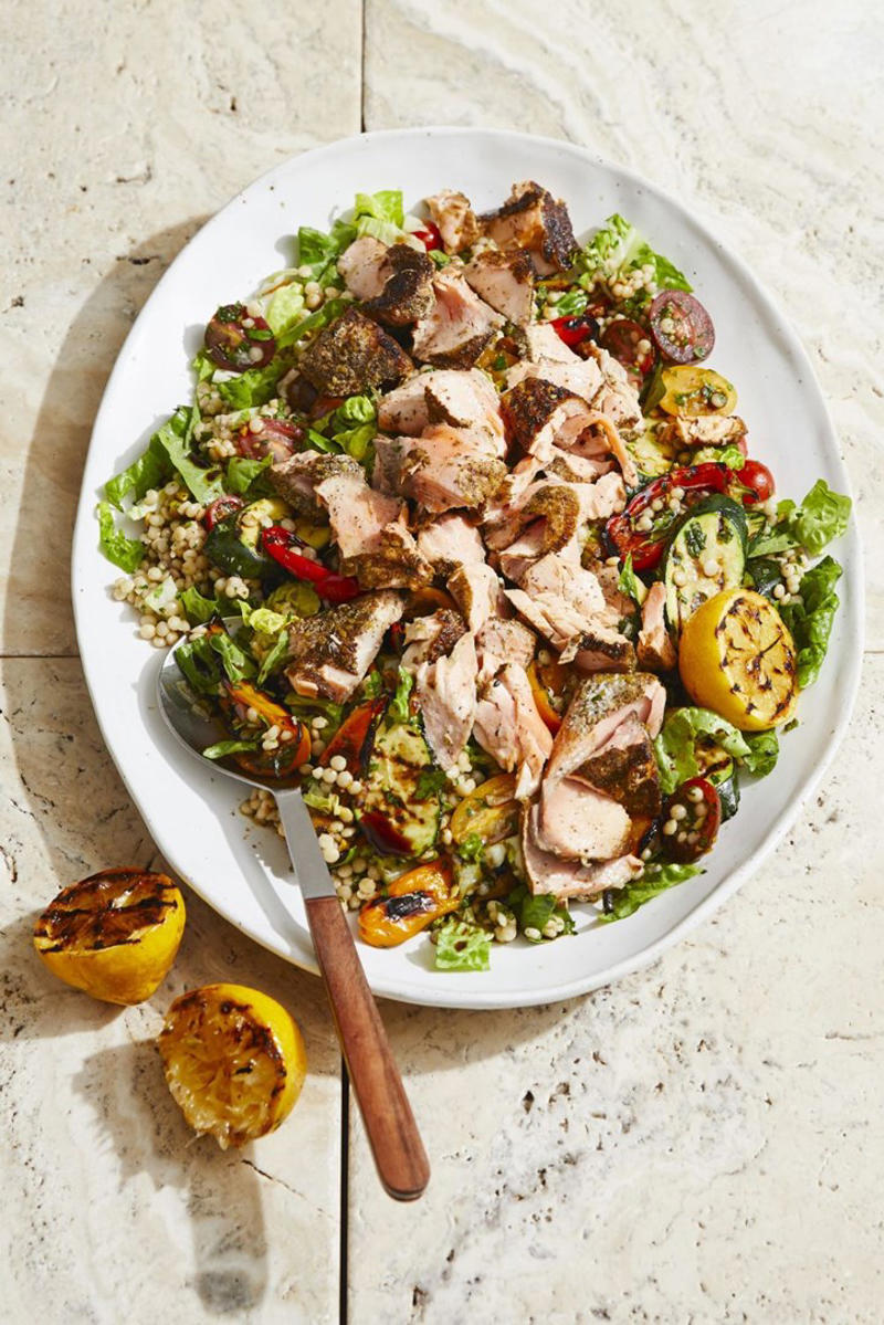 100 healthy dinner recipes your family will love, Eggplant pillows (Cuscini di melanzane) , Ginger fish stir fry , Grilled salmon and cos salad , Kale falafel salad with toasted pine nuts and hummus