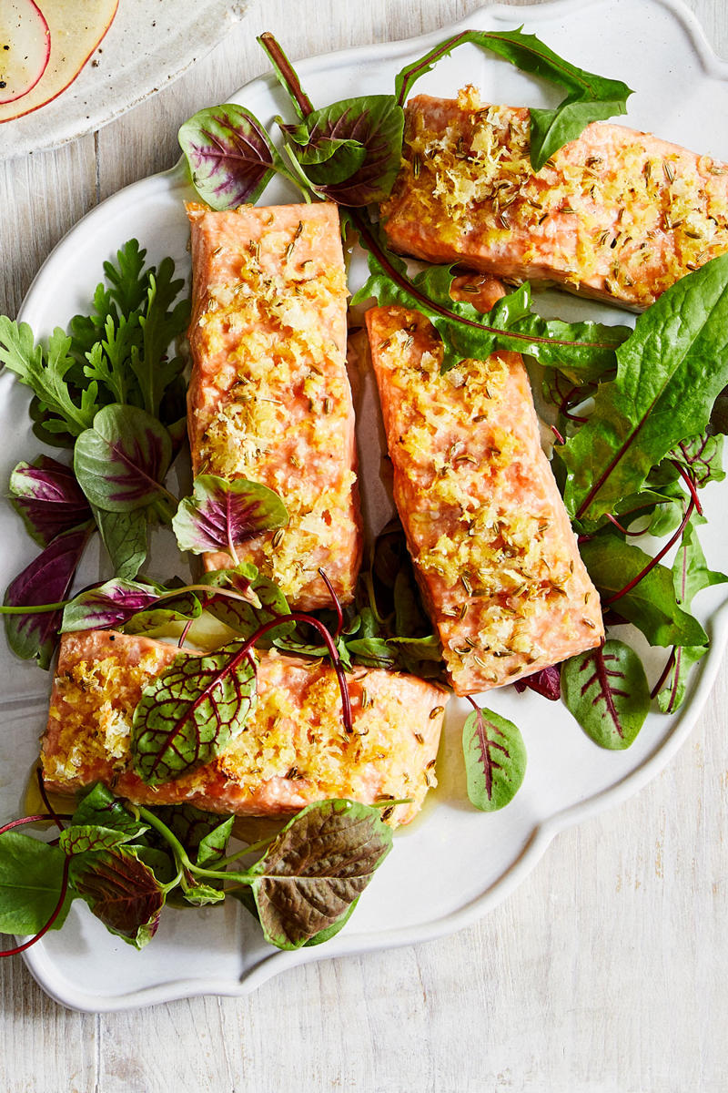 100 healthy dinner recipes your family will love, Eggplant pillows (Cuscini di melanzane) , Ginger fish stir fry , Grilled salmon and cos salad , Kale falafel salad with toasted pine nuts and hummus