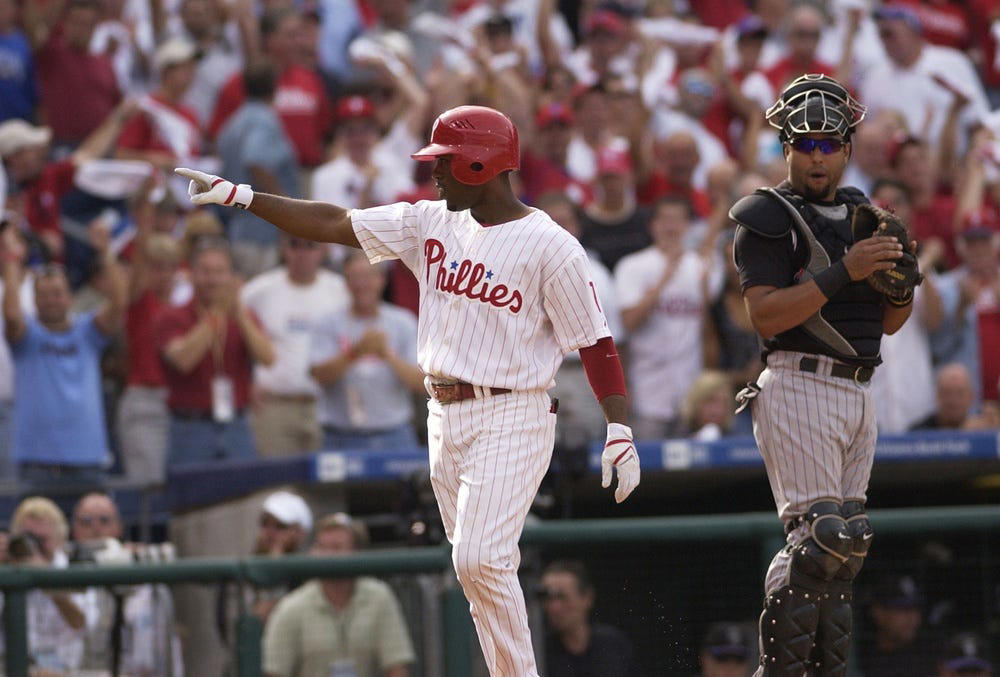First base: Ryan Howard, Second base: Chase Utley, Shortstop: Jimmy Rollins, Third base: Scott Rolen, Left field: Pat Burrell, Center field: Shane Victorino, Right field: Bobby Abreu, Catcher: J.T. Realmuto, Utility: Bryce Harper, Designated hitter: Kyle Schwarber, Left-handed starting pitcher: Cole Hamels, Right-handed starting pitcher: Roy Halladay, Relief pitcher: Brad Lidge, Manager: Charlie Manuel