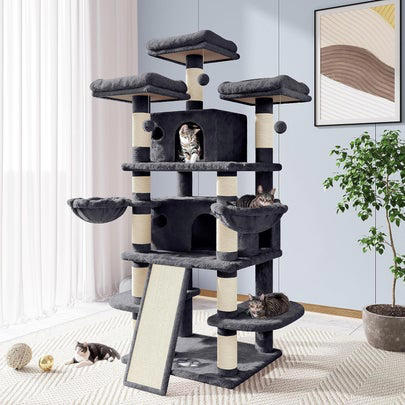 A plush multi-level cat tree from Wayfair recommended by Merlin, A version replete with scratching posts, which I own, A climbing tree filled with multi-level beds and perches, A cozy, extra-tall model with sweet details, An especially tall tree made for enthusiastic scratchers with 15,000 5-star ratings, A model with an especially cozy hammock and a staircase-inspired layout, A tree made for large cats that's perfect for corner spaces, A super-spacious tree with 18,000 5-star ratings, Or a heavy-duty model with multiple beds and easily-accessible tiers, Related...
