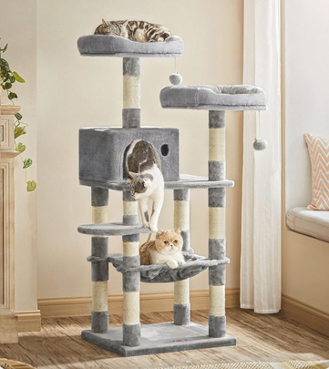 A plush multi-level cat tree from Wayfair recommended by Merlin, A version replete with scratching posts, which I own, A climbing tree filled with multi-level beds and perches, A cozy, extra-tall model with sweet details, An especially tall tree made for enthusiastic scratchers with 15,000 5-star ratings, A model with an especially cozy hammock and a staircase-inspired layout, A tree made for large cats that's perfect for corner spaces, A super-spacious tree with 18,000 5-star ratings, Or a heavy-duty model with multiple beds and easily-accessible tiers, Related...