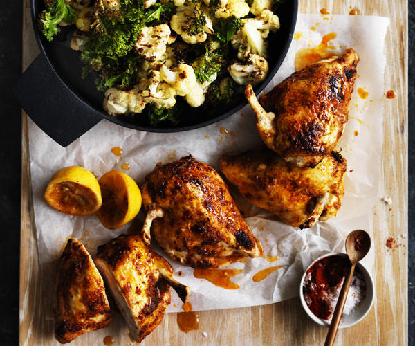 Gourmet Traveller’s best chicken tray bakes,          Cider-braised chicken with Brussels sprouts, apple and hazelnuts      ,          Baked chicken and rice with chilli and ginger dressing      ,          Chicken, carrot and orange tray bake with chive butter      ,          Pan-roasted chicken with artichokes and salad onion      ,          Leek, chorizo, cauliflower and chicken bake      ,          Harissa chicken with carrot, rice and quinoa pilaf      ,          Hawayej-spiced chicken thigh cutlets      ,          Roast chicken thighs with sourdough panzanella      ,          Roast chilli chicken with cauliflower and kale      ,          Chicken braised with cavolo nero and wine      ,          Tomato and pancetta roast chicken with green olives      