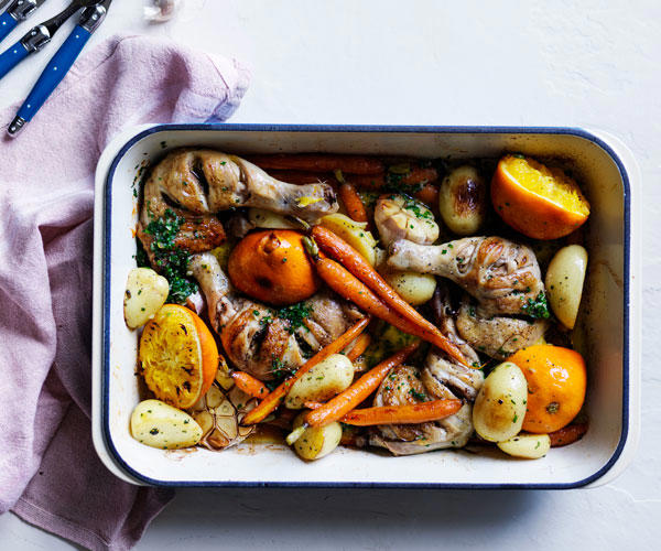 Gourmet Traveller’s best chicken tray bakes,          Cider-braised chicken with Brussels sprouts, apple and hazelnuts      ,          Baked chicken and rice with chilli and ginger dressing      ,          Chicken, carrot and orange tray bake with chive butter      ,          Pan-roasted chicken with artichokes and salad onion      ,          Leek, chorizo, cauliflower and chicken bake      ,          Harissa chicken with carrot, rice and quinoa pilaf      ,          Hawayej-spiced chicken thigh cutlets      ,          Roast chicken thighs with sourdough panzanella      ,          Roast chilli chicken with cauliflower and kale      ,          Chicken braised with cavolo nero and wine      ,          Tomato and pancetta roast chicken with green olives      