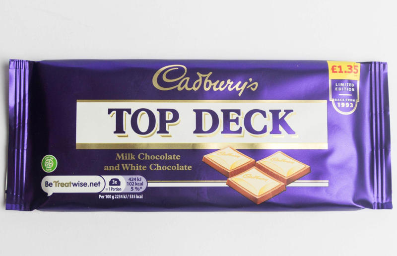 35. Top Deck 40. Perky Nana, 39. Sweet Marie, 38. 5 Star, 37. Plant Bar, 36. Pinky, 35. Top Deck, 34. Bar Six, 33. Tres Sueños, 32. Picnic, 31. Mr. Big, 30. Fudge, 29. Spira, 28. Eclairs, 27. Time Out, 26. Chomp, 25. Fruit & Nut, 24. Crunchie, 23. Twirl, 22. Mini Rolls, 21. Bournville, 20. Milk Tray, 19. Crispy Crunch, 18. Boost, 17. Double Decker, 16. Caramilk, 15. Starbar, 14. Cherry Ripe, 13. Cadbury’s Dairy Milk Caramel, 12. Heroes, 11. Fingers, 10. Dairy Milk Buttons, 9. Curly Wurly, 8. Wispa, 7. Roses, 6. Dream, 5. Flake, 4. Freddo/Caramello Koala, 3. Creme Egg, 2. Mini Eggs