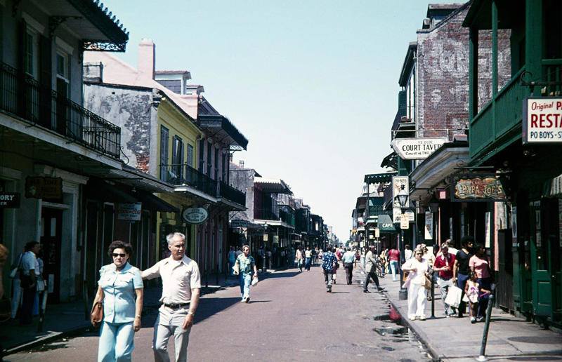 Louisiana: Bourbon Street, New Orleans (1976) Life in the 1970s in every state, Alabama: Alabama Theatre, Birmingham (1972), Alaska: Fishing on Nonvianuk Lake (1973), Arizona: Route 66, Winslow (1979), Arkansas: Testing for pollution in Fort Smith (1973), California: The streets of San Francisco (c.1970), Colorado: Galena Street, Aspen (1974), Connecticut: Collin’s Diner, Canaan (1976), Delaware: Old State House, Dover (1970), Florida: Disney’s Magic Kingdom (1970), Georgia: Farmer ploughing field in Helen (1970), Hawaii: The Brady Bunch in ‘Hawaii Bound’ (1972), Idaho: Camping on Lake Stanley (c.1970s), Illinois: Roller Disco fashion show, Chicago (1979), Indiana: Indianapolis 500 (1973), Iowa: Sergeant John F. Baker Jr. Bridge, Davenport (1972), Kansas: Grain elevator, White Cloud (1974), Kentucky: Miners’ homes, Brookside (1974), Louisiana: Bourbon Street, New Orleans (1976), Maine: Fishing in Cape Elizabeth (1971), Maryland: School excursion to Baltimore harbor (1973), Massachusetts: Haymarket Square, Boston (1973), Michigan: Annual smelt run, Tawas City (1973), Minnesota: SkyRise Terrace, St Paul (1971), Mississippi: Hurricane Camille Gift Shop, Gulfport (1979), Missouri: Tourist information booth, Lake of the Ozarks, Montana: East Glacier Park train station (1974), Nebraska: Sioux tribal dance, North Platte (1970), Nevada: Fremont Street, Las Vegas (c.1970), New Hampshire: Waterville Valley (1972), New Jersey: Seaside Heights boardwalk (1978), New Mexico: Mesa viewpoint (c.1970s), New York: Sightseeing cruise, New York City (c.1970s), North Carolina: Prom queen parade, Huntersville (c.1970s), North Dakota: Arriving at Fargo station (c.1972), Ohio: Aerial view of Toledo (c.1970s), Oklahoma: Oral Roberts University, Tulsa (c.1977), Oregon: Union Station, Portland (1974), Pennsylvania: Street parade, Philadelphia (1976), Rhode Island: Giant milk can, Lincoln (1978), South Carolina: Jungle Golf, Myrtle Beach (1979), South Dakota: Reptile Gardens Wild Animal Park (1975), Tennessee: Interstate 24 near Nashville (1972), Texas: Dallas freeway (1970), Utah: Dead Horse Point, Canyonlands (1972), Vermont: Farm shop (1975), Virginia: Tysons Corner Mall, Tysons Corner (1976), Washington: Seattle skyline (1973), West Virginia: Laundromat, Cedar Grove (1973), Wisconsin: Lake Mendota (1979)
