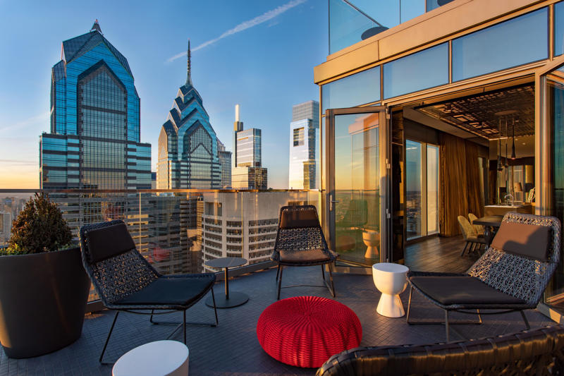 The Rittenhouse, W Philadelphia, Guild House Hotel, AKA University City, The Logan Philadelphia, Curio Collection by Hilton, The Bellevue Hotel, The Rooms at Fitler Club, Kimpton Hotel Monaco Philadelphia, The Study at University City, The Ritz-Carlton, Philadelphia, Sofitel Philadelphia at Rittenhouse Square