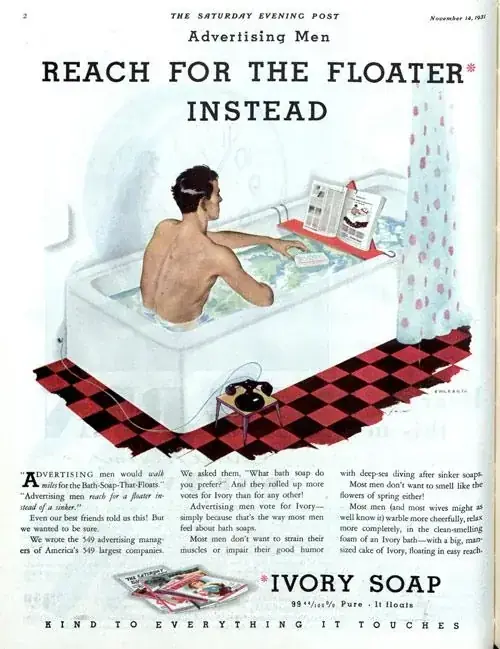 6. Ivory Soap (1931) 1. Colgate Shaving Stick (1914), 2. Cracker Jack Baseball Cards (1915), 3. U.S. Navy (1915), 4. Montgomery Ward & Co. (1916), 5. Interwoven Socks (1920s), 6. Comet Rice (1921), 7. Jell-O (1924), 8. Oreo (1924), 9. Mystikum Parfum (1925), 10. Roosevelt Five-Passenger Sedan (1929), 11. Ivory Soap (1931), 12. Buick (1933), 13. Kenwood Mills (1939), 14. Gary Cooper in ‘Beau Geste’ (1939), 15. Listerine Toothpaste (1939)