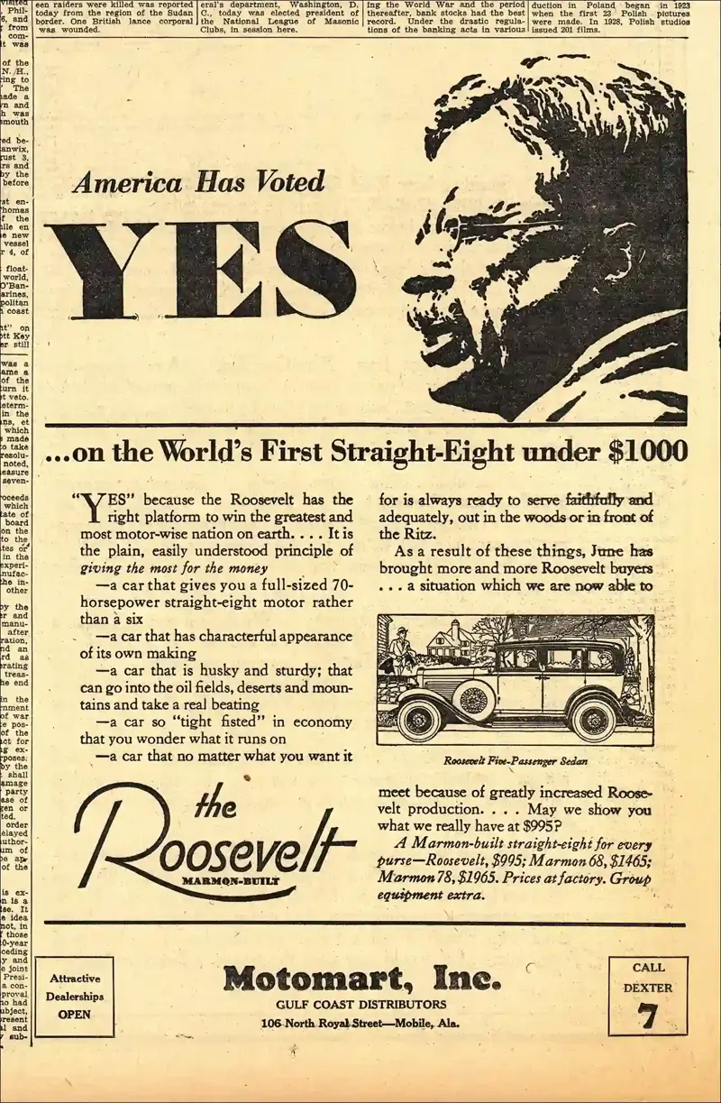 5. Roosevelt Five-Passenger Sedan (1929) 1. Colgate Shaving Stick (1914), 2. Cracker Jack Baseball Cards (1915), 3. U.S. Navy (1915), 4. Montgomery Ward & Co. (1916), 5. Interwoven Socks (1920s), 6. Comet Rice (1921), 7. Jell-O (1924), 8. Oreo (1924), 9. Mystikum Parfum (1925), 10. Roosevelt Five-Passenger Sedan (1929), 11. Ivory Soap (1931), 12. Buick (1933), 13. Kenwood Mills (1939), 14. Gary Cooper in ‘Beau Geste’ (1939), 15. Listerine Toothpaste (1939)