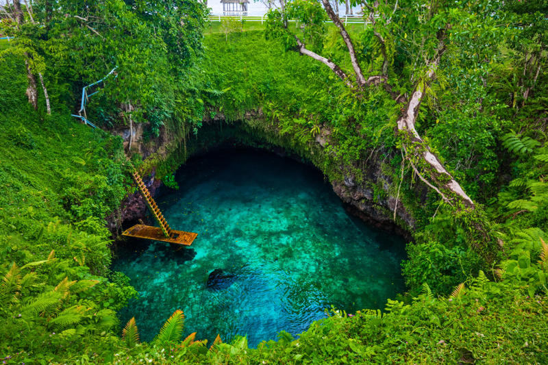 Ruskeala (Russia), Darvaza gas crater (Turkmenistan), Zhangye Danxia (China), Dark Hedges (Northern Ireland), Fly Geyser (United States), Blue Pond (Japan), Tunnel of Love (Ukraine), Las Médulas (Spain), Ojos del Salar (Chile), Hamilton Pool (United States), To Sua Ocean Trench (Samoa), Bryce Canyon (United States), Pamukkale (Turkey)