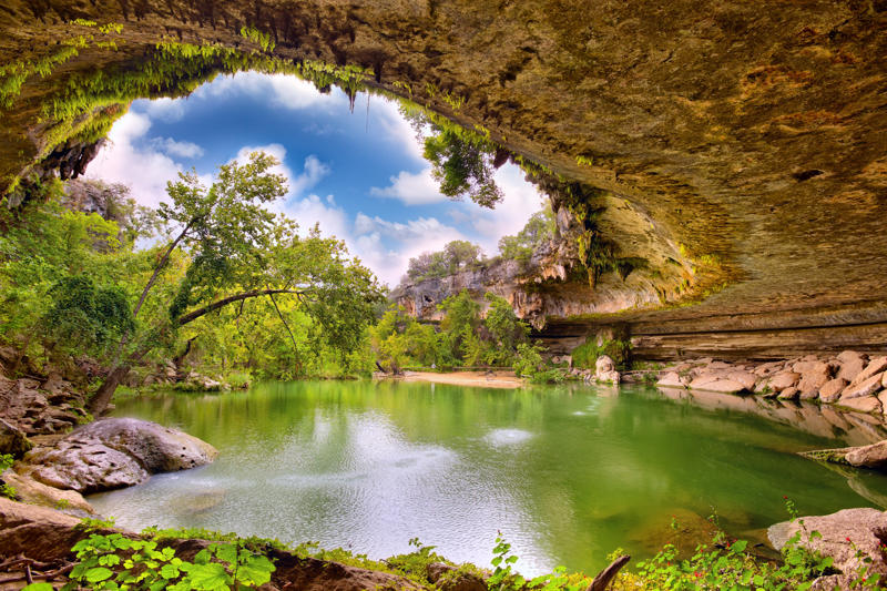 Ruskeala (Russia), Darvaza gas crater (Turkmenistan), Zhangye Danxia (China), Dark Hedges (Northern Ireland), Fly Geyser (United States), Blue Pond (Japan), Tunnel of Love (Ukraine), Las Médulas (Spain), Ojos del Salar (Chile), Hamilton Pool (United States), To Sua Ocean Trench (Samoa), Bryce Canyon (United States), Pamukkale (Turkey)