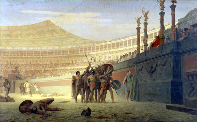 Myth #1: Gladiators fought to the death, Myth #2: Vomitoriums were used for indulgent purging, Myth #3: Ancient Roman statues were white, Myth #4: Nero played the fiddle while Rome burned, Myth #5: Roman women were confined to the home, Myth #6: Everyone looked and spoke the same, Myth #7: Christian martyrs were only slain in the Colosseum, Myth #9: Romans always wore togas, Myth #10: Julius Caesar’s last words were “Et tu, Brute?”, Myth #11: All gladiators were slaves, prisoners, and men, Myth #12: Slaves rowed Roman war vessels, Myth #13: Caligula’s horse was a government official, Myth #14: Roman gods were just Greek imports, Myth #15: The “Nazi salute” was invented in Rome