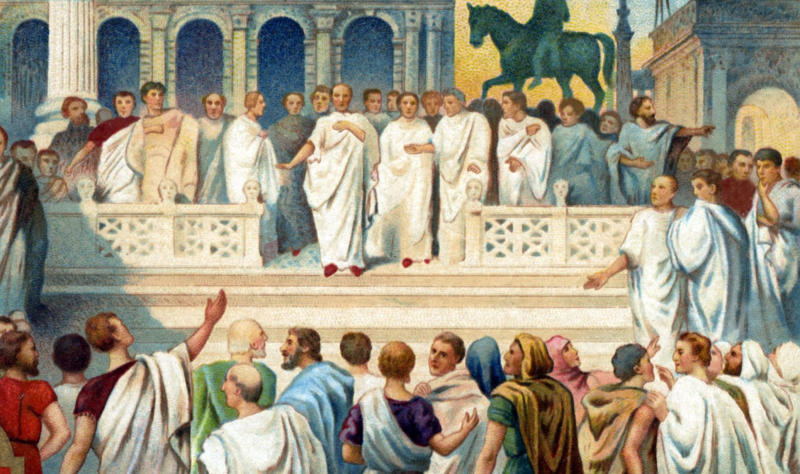 Myth #1: Gladiators fought to the death, Myth #2: Vomitoriums were used for indulgent purging, Myth #3: Ancient Roman statues were white, Myth #4: Nero played the fiddle while Rome burned, Myth #5: Roman women were confined to the home, Myth #6: Everyone looked and spoke the same, Myth #7: Christian martyrs were only slain in the Colosseum, Myth #9: Romans always wore togas, Myth #10: Julius Caesar’s last words were “Et tu, Brute?”, Myth #11: All gladiators were slaves, prisoners, and men, Myth #12: Slaves rowed Roman war vessels, Myth #13: Caligula’s horse was a government official, Myth #14: Roman gods were just Greek imports, Myth #15: The “Nazi salute” was invented in Rome