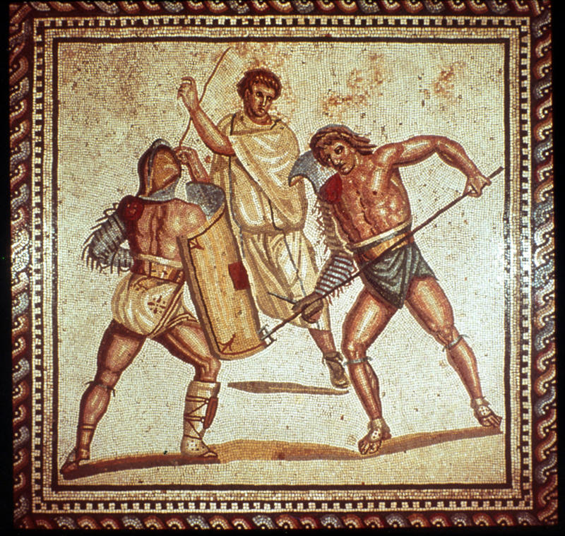 Myth #1: Gladiators fought to the death, Myth #2: Vomitoriums were used for indulgent purging, Myth #3: Ancient Roman statues were white, Myth #4: Nero played the fiddle while Rome burned, Myth #5: Roman women were confined to the home, Myth #6: Everyone looked and spoke the same, Myth #7: Christian martyrs were only slain in the Colosseum, Myth #9: Romans always wore togas, Myth #10: Julius Caesar’s last words were “Et tu, Brute?”, Myth #11: All gladiators were slaves, prisoners, and men, Myth #12: Slaves rowed Roman war vessels, Myth #13: Caligula’s horse was a government official, Myth #14: Roman gods were just Greek imports, Myth #15: The “Nazi salute” was invented in Rome