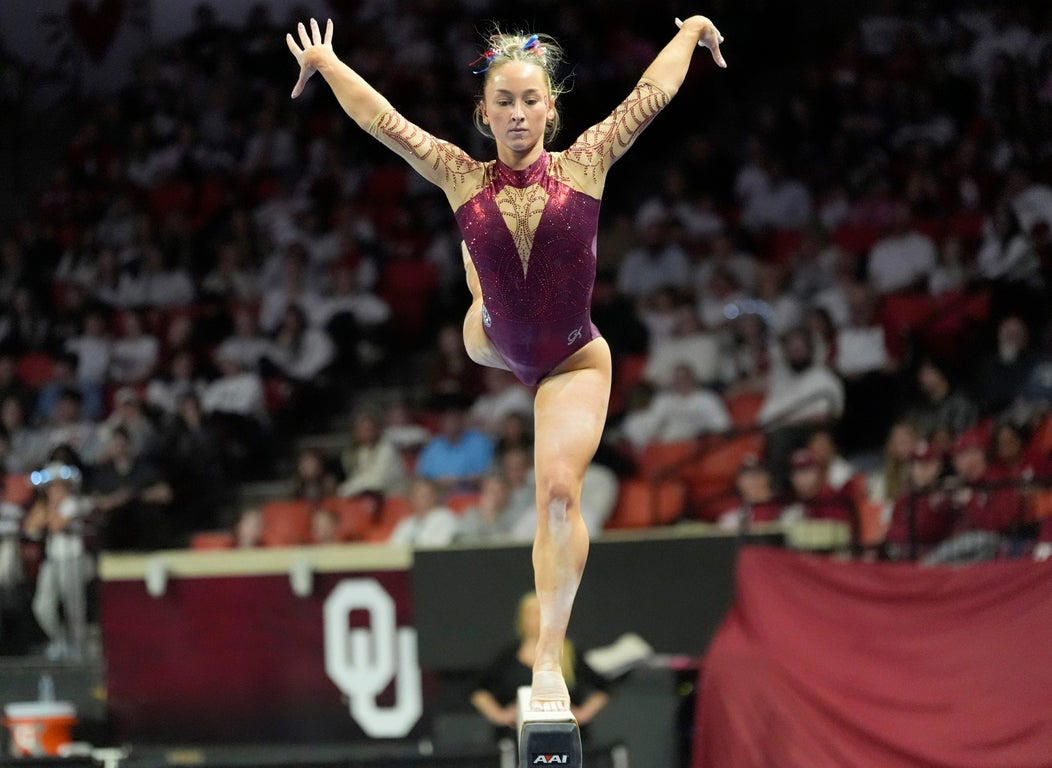Epic photos capture Audrey Davis, Jordan Bowers, and the high-flying Oklahoma Sooners gymnasts