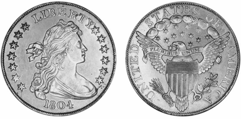 1804 silver dollar Earliest colonial coinage, Colonial currency, Continental currency, Bank of North America, Adoption of the dollar sign, "Flowing Hair" dollar, Coinage Act and United States Mint, First US-dollar bill, 1804 silver dollar, George Washington's debut, Lincoln cent, The William McKinley 500, Roosevelt dime, African American Treasurer, Non-presidential honor, The Benjamin Franklin 100