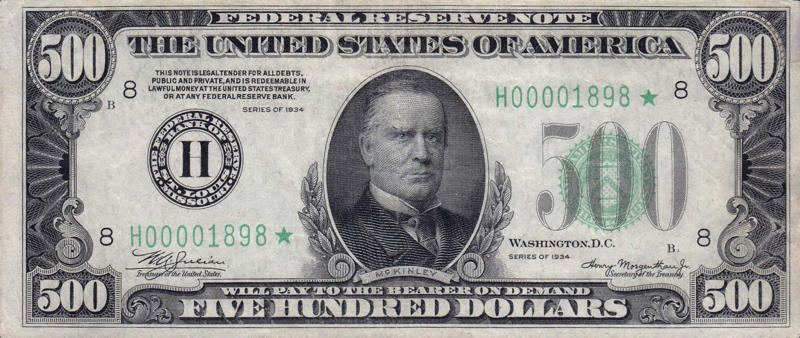 The William McKinley 500 Earliest colonial coinage, Colonial currency, Continental currency, Bank of North America, Adoption of the dollar sign, "Flowing Hair" dollar, Coinage Act and United States Mint, First US-dollar bill, 1804 silver dollar, George Washington's debut, Lincoln cent, The William McKinley 500, Roosevelt dime, African American Treasurer, Non-presidential honor, The Benjamin Franklin 100