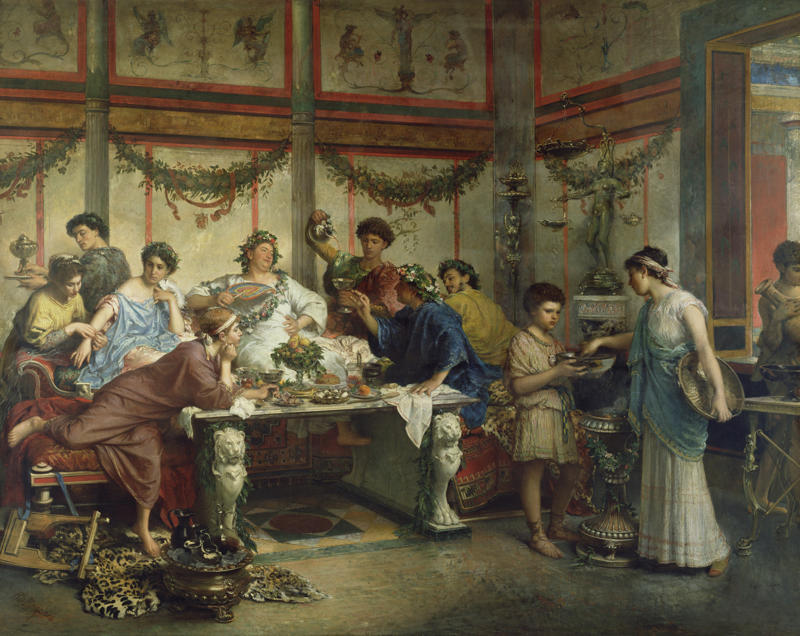 Roman dinner parties, Power and politics, Bring on the wine!, Wine cups, Popular dishes, Exotic foods, Entertainment, There was no such thing as a vomitorium, Religious affair, Saturnalia, Bacchanalia, Caligula’s party barges