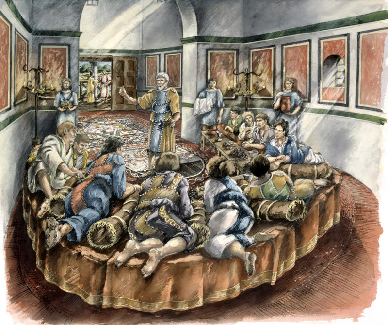 Roman dinner parties, Power and politics, Bring on the wine!, Wine cups, Popular dishes, Exotic foods, Entertainment, There was no such thing as a vomitorium, Religious affair, Saturnalia, Bacchanalia, Caligula’s party barges