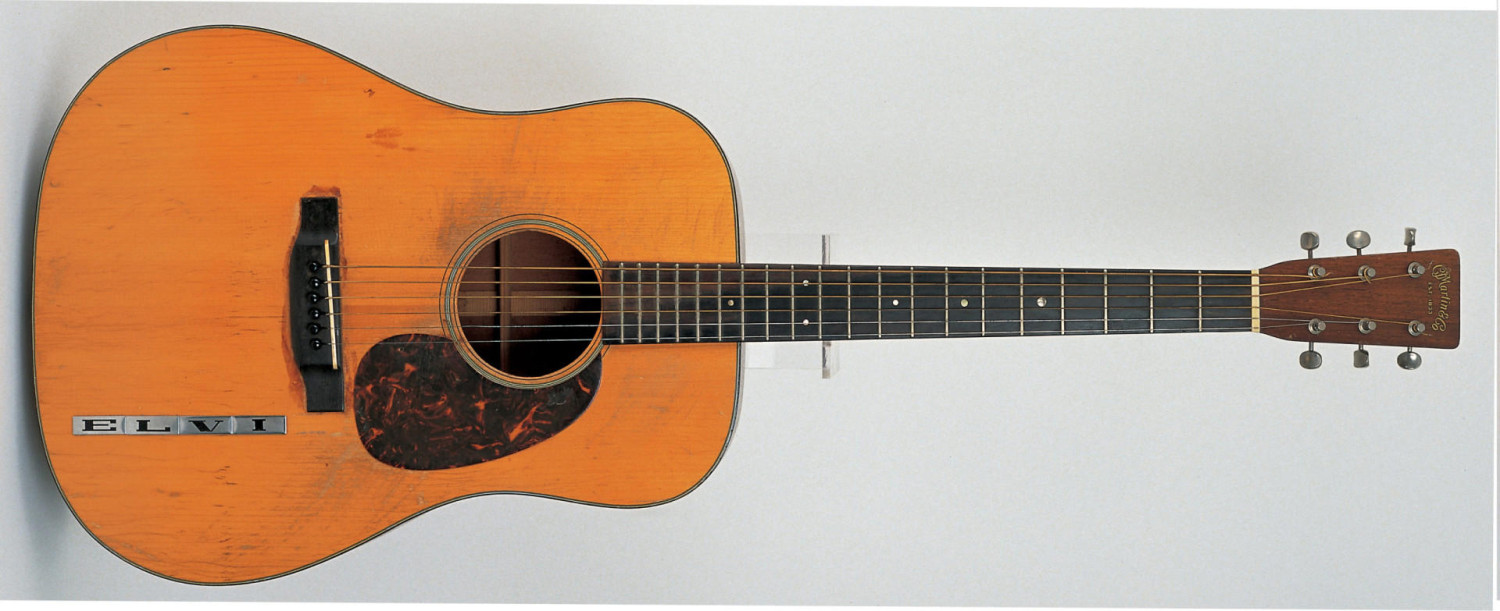 Martin 1942 D-18 (Elvis Presley) – US$1.32 million Martin 1930 OM-45 Deluxe (Roy Rogers) – US4,500, Fender 1965 Stratocaster (Jimi Hendrix) – US0,000, Rex Acoustic (Paul McCartney) – US5,000, Rickenbacker 1962 425 (George Harrison) – US7,000, Gibson 1964 ES-335 TDC (Eric Clapton) – US7,500, Fender 'Blackie' Stratocaster (Eric Clapton) – US9,500, Gibson 1959 Les Paul Standard (Keith Richards) – US million, Gibson 1957 Les Paul (Duane Allman) – US.25 million, Martin 1942 D-18 (Elvis Presley) – US.32 million, Fender 1954 Stratocaster (David Gilmour) – US.815 million, Gibson 1962 J-160E (John Lennon) – US.41 million, Kramer Custom (Eddie Van Halen) – US.932 million, Fender 1969 Mustang (Kurt Cobain) – US.6 million
