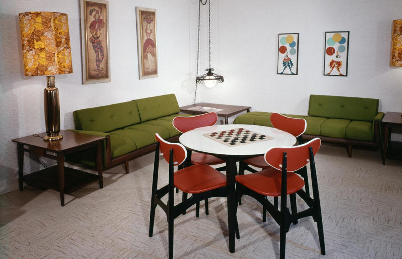 1970s homewares that have disappeared from our homes, Beanbags, Wood panelling, Avocado bathroom suites, Carpeted bathrooms, Linoleum floors, Boxy TVs, Brick fireplaces, Patterned carpet, Alarm clocks, Patterned wallpaper, Conversation pits, Floral sofas, Push button phones, Stereo systems, Fringing on furniture, Electric carving knives, Waterbeds, Fondue sets, Brass ornaments, Velvet everywhere, Zebra rugs