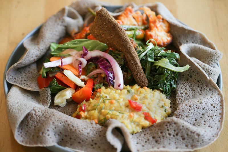 Injera (Ethiopia, Eritrea) Tagine (Morocco, Tunisia, Algeria), Bazin (Libya), Banku (Ghana), Chakalaka (South Africa), Akara (West Africa), Haraimi (Libya), Bunny Chow (South Africa), Zanzibar pizza (Tanzania), Braai (South Africa), Suya (Nigeria), Injera (Ethiopia, Eritrea), Mafe (West Africa), Pastilla (Morocco), Doro Wat (Ethiopia), Fufu (West Africa), Gorraasa (Sudan)