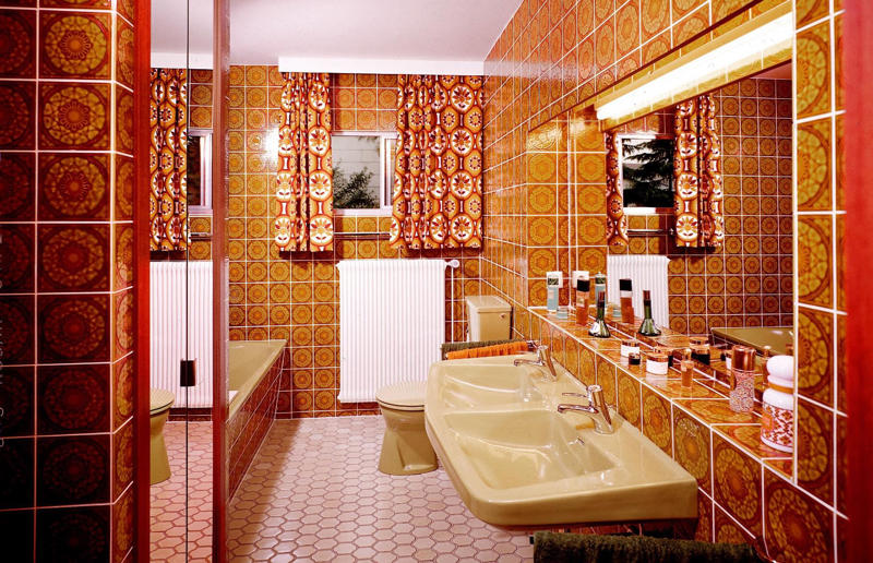 1970s homewares that have disappeared from our homes, Beanbags, Wood panelling, Avocado bathroom suites, Carpeted bathrooms, Linoleum floors, Boxy TVs, Brick fireplaces, Patterned carpet, Alarm clocks, Patterned wallpaper, Conversation pits, Floral sofas, Push button phones, Stereo systems, Fringing on furniture, Electric carving knives, Waterbeds, Fondue sets, Brass ornaments, Velvet everywhere, Zebra rugs
