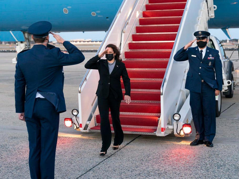 It's customary for presidents and vice presidents to salute service members as they board and disembark presidential planes. Vice President Al Gore decorated the VIP cabin with family photos., The cabin also featured a clock with different time zone displays., Mike Pence's staff decorated Air Force Two for his birthday in 2017., Kamala Harris also celebrated birthdays on the plane., Second gentleman Doug Emhoff traveled aboard Air Force Two, as well., The press area features TV screens that can play cable news.