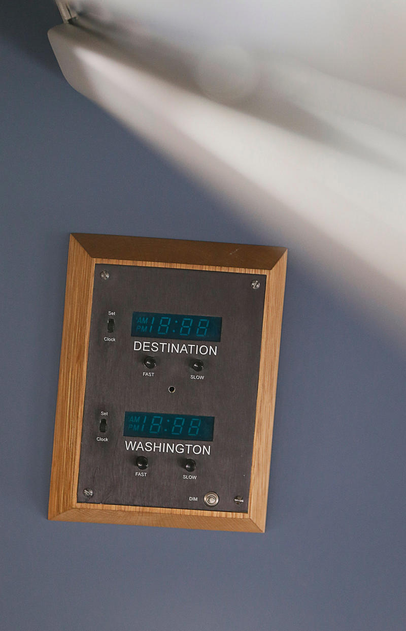 The cabin also featured a clock with different time zone displays. Vice President Al Gore decorated the VIP cabin with family photos., The cabin also featured a clock with different time zone displays., Mike Pence's staff decorated Air Force Two for his birthday in 2017., Kamala Harris also celebrated birthdays on the plane., Second gentleman Doug Emhoff traveled aboard Air Force Two, as well., The press area features TV screens that can play cable news.
