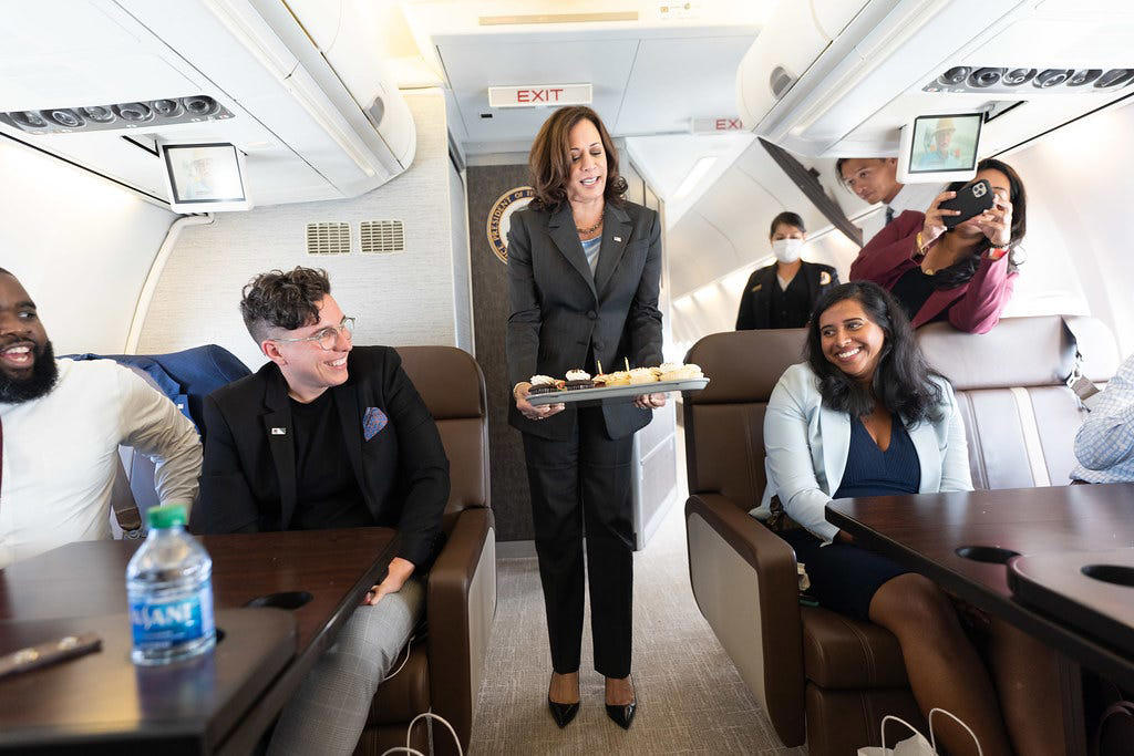 Kamala Harris also celebrated birthdays on the plane. Vice President Al Gore decorated the VIP cabin with family photos., The cabin also featured a clock with different time zone displays., Mike Pence's staff decorated Air Force Two for his birthday in 2017., Kamala Harris also celebrated birthdays on the plane., Second gentleman Doug Emhoff traveled aboard Air Force Two, as well., The press area features TV screens that can play cable news.