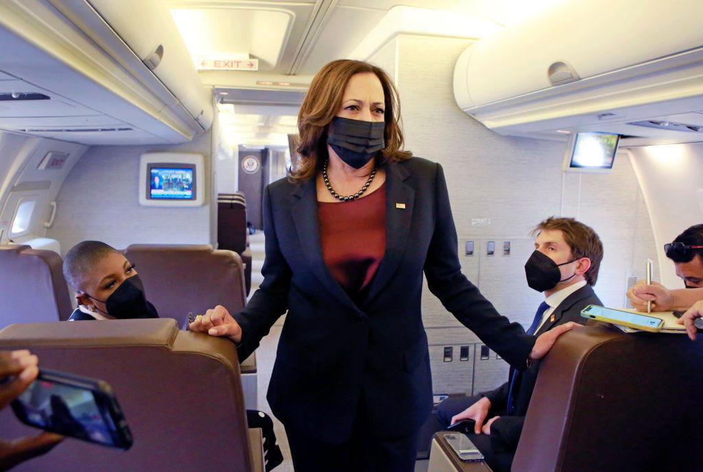 The back of Air Force Two contains 32 business-class seats for members of the press. Vice President Al Gore decorated the VIP cabin with family photos., The cabin also featured a clock with different time zone displays., Mike Pence's staff decorated Air Force Two for his birthday in 2017., Kamala Harris also celebrated birthdays on the plane., Second gentleman Doug Emhoff traveled aboard Air Force Two, as well., The press area features TV screens that can play cable news.