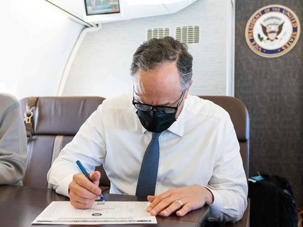 Second gentleman Doug Emhoff traveled aboard Air Force Two, as well. Vice President Al Gore decorated the VIP cabin with family photos., The cabin also featured a clock with different time zone displays., Mike Pence's staff decorated Air Force Two for his birthday in 2017., Kamala Harris also celebrated birthdays on the plane., Second gentleman Doug Emhoff traveled aboard Air Force Two, as well., The press area features TV screens that can play cable news.