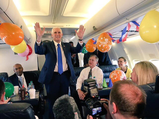Mike Pence's staff decorated Air Force Two for his birthday in 2017. Vice President Al Gore decorated the VIP cabin with family photos., The cabin also featured a clock with different time zone displays., Mike Pence's staff decorated Air Force Two for his birthday in 2017., Kamala Harris also celebrated birthdays on the plane., Second gentleman Doug Emhoff traveled aboard Air Force Two, as well., The press area features TV screens that can play cable news.