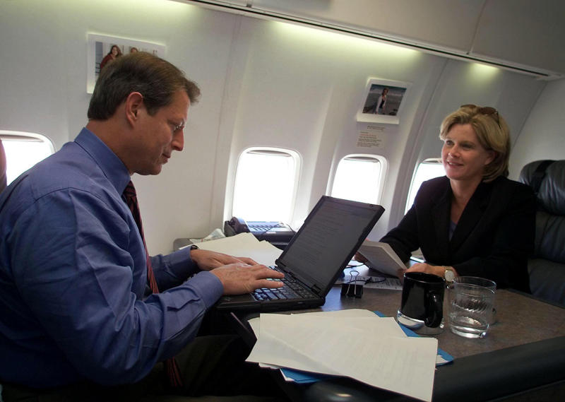 Vice President Al Gore decorated the VIP cabin with family photos. Vice President Al Gore decorated the VIP cabin with family photos., The cabin also featured a clock with different time zone displays., Mike Pence's staff decorated Air Force Two for his birthday in 2017., Kamala Harris also celebrated birthdays on the plane., Second gentleman Doug Emhoff traveled aboard Air Force Two, as well., The press area features TV screens that can play cable news.
