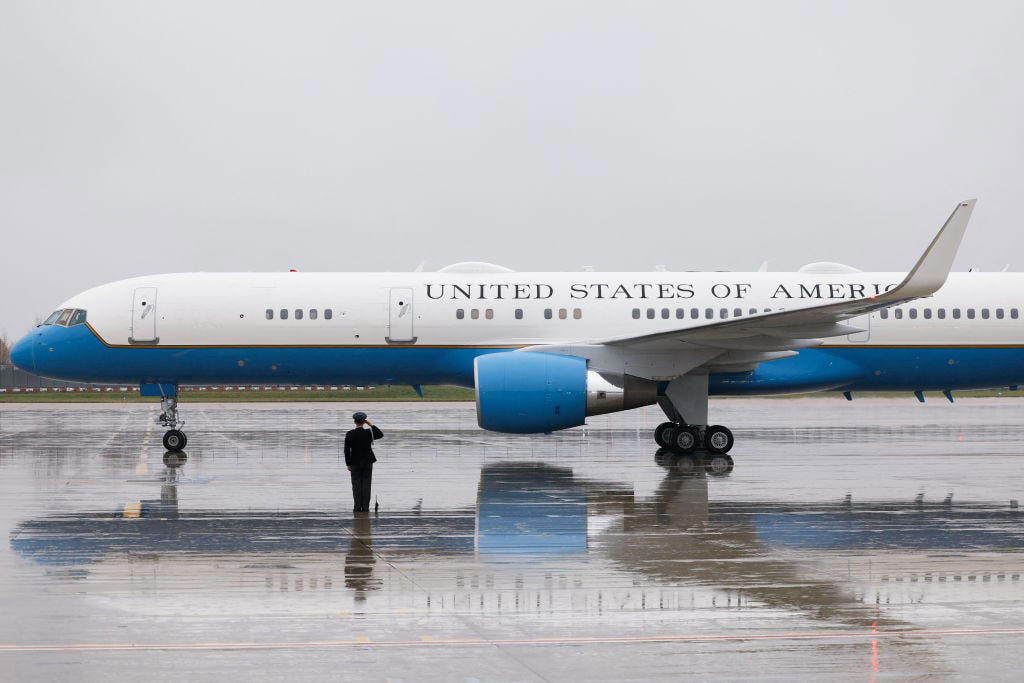 The updated C-32 plane most commonly used by vice presidents first deployed in 1998. Vice President Al Gore decorated the VIP cabin with family photos., The cabin also featured a clock with different time zone displays., Mike Pence's staff decorated Air Force Two for his birthday in 2017., Kamala Harris also celebrated birthdays on the plane., Second gentleman Doug Emhoff traveled aboard Air Force Two, as well., The press area features TV screens that can play cable news.