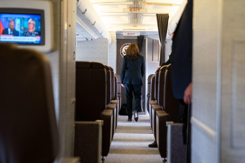 The press area features TV screens that can play cable news. Vice President Al Gore decorated the VIP cabin with family photos., The cabin also featured a clock with different time zone displays., Mike Pence's staff decorated Air Force Two for his birthday in 2017., Kamala Harris also celebrated birthdays on the plane., Second gentleman Doug Emhoff traveled aboard Air Force Two, as well., The press area features TV screens that can play cable news.