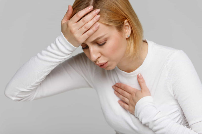 Foot ulcers, Leg cramps, Toe pain, Productive cough, Jaw pain, Leg hair loss, Leg heaviness, Throat tightness, Swollen feet or ankles, Sudden nausea, Irregular heartbeat, Arm or shoulder pain, Chronic fatigue, Abdominal pain, Chronic snoring, Panic attack?, Difficulty breathing, Slow heart rate