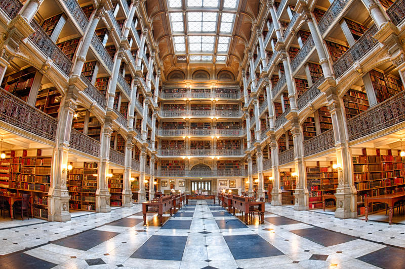 Joanina Library, Portugal, The Royal Portuguese Cabinet of Reading, Brazil, Library of the National Palace of Mafra, Portugal, Beitou Library, Taiwan, El Escorial, Spain, Stuttgart Library, Germany, Bibliotheca Alexandrina, Egypt, Biblioteca Vasconcelos, Mexico, Trinity College Library, Ireland, Clementinum Library, Czech Republic, Admont Abbey Library, Austria, John Rylands University Library, England, Musashino Art University Library, Japan, Stockholm Public Library, Sweden, Cuypers Library, the Netherlands, New York Public Library, United States, George Peabody Library, United States
