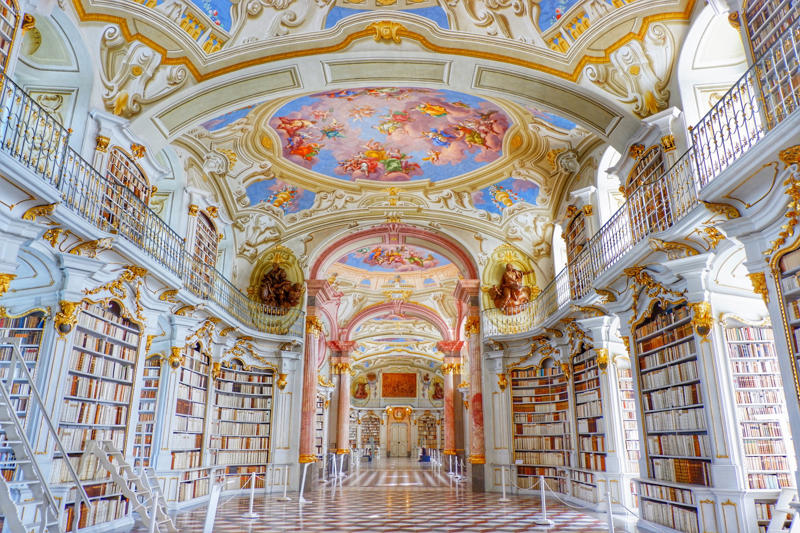 Joanina Library, Portugal, The Royal Portuguese Cabinet of Reading, Brazil, Library of the National Palace of Mafra, Portugal, Beitou Library, Taiwan, El Escorial, Spain, Stuttgart Library, Germany, Bibliotheca Alexandrina, Egypt, Biblioteca Vasconcelos, Mexico, Trinity College Library, Ireland, Clementinum Library, Czech Republic, Admont Abbey Library, Austria, John Rylands University Library, England, Musashino Art University Library, Japan, Stockholm Public Library, Sweden, Cuypers Library, the Netherlands, New York Public Library, United States, George Peabody Library, United States