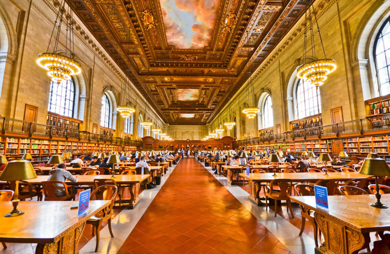 Joanina Library, Portugal, The Royal Portuguese Cabinet of Reading, Brazil, Library of the National Palace of Mafra, Portugal, Beitou Library, Taiwan, El Escorial, Spain, Stuttgart Library, Germany, Bibliotheca Alexandrina, Egypt, Biblioteca Vasconcelos, Mexico, Trinity College Library, Ireland, Clementinum Library, Czech Republic, Admont Abbey Library, Austria, John Rylands University Library, England, Musashino Art University Library, Japan, Stockholm Public Library, Sweden, Cuypers Library, the Netherlands, New York Public Library, United States, George Peabody Library, United States