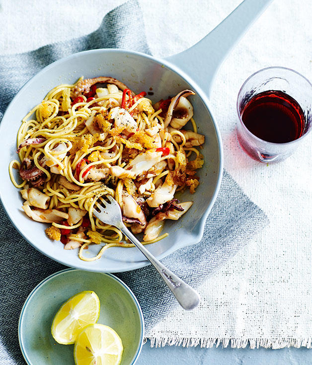 Best calamari recipes for autumn entertaining,          Grilled squid with rouille and chilli      ,          Sean Moran’s calamari fried in its ink with chilli aïoli      ,          Jicama and green mango salad with grilled calamari      ,          Grilled calamari with herbs and crisp shallots      ,          Frank Camorra’s calamari cooked in olive oil with spiced beetroot salad      ,          A short history of brodetto, and a recipe too      ,          Chilli squid-ink spaghetti      ,          Tony Tan’s three-cup calamari      ,          Spiced squid with sweet and sour mango sauce      ,          Squid, chorizo, spelt, blood orange and black garlic      ,          Squid with fennel and artichokes      ,          David Thompson’s deep-fried squid with garlic and peppercorns      ,          Grilled squid (Pla meuk yang)      ,          Raes on Wategos’s calamari and zucchini skewers with ‘nduja vinaigrette      ,          Salad of grilled baby calamari, radicchio and potatoes      ,          Alpha’s calamari with fava, barley rusks, capers and rocket      ,          Morcilla-stuffed squid with lentils and saffron alioli      ,          Phil Wood’s kipfler potato and calamari Greek salad      ,          Braised beans with chorizo and calamari      ,          Fried squid and potato with chilli and garlic      ,          Arroz negro (Squid with rice cooked in squid ink)      ,          Tagliolini al nero di seppia con calamari (Squid-ink tagliolini with calamari)      ,          Squid with roast tomato dressing, Sicilian olives and garlic crumbs      ,          Lau’s Family Kitchen’s calamari with shrimp sauce      ,          Taglierini with squid, garlic and chilli      ,          Bar Saracen’s hummus bi calamari      