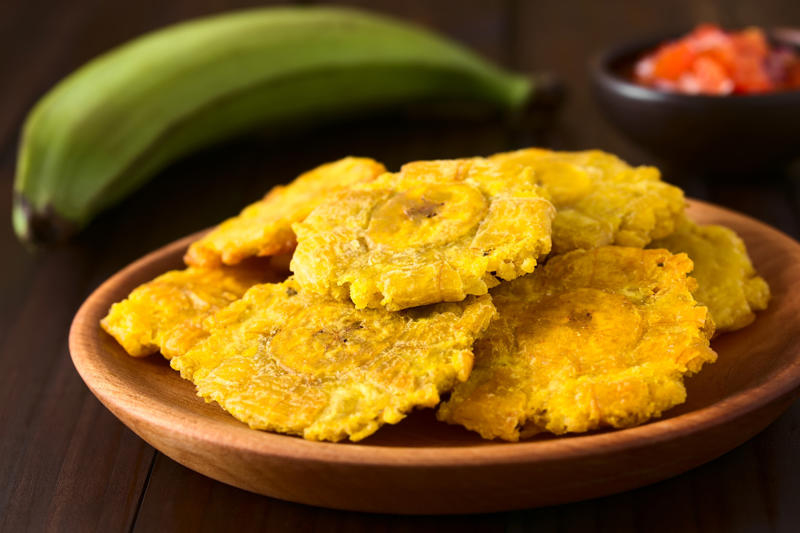 Tostones Hush puppies, French fries, Fried green tomatoes, Banh cam, Tostones, Fried chicken, Chimichangas, Chicharrón, Maakouda, Spring rolls, Fish and chips