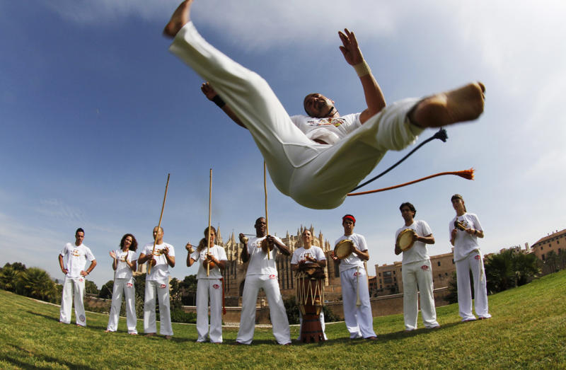 Capoeira - Brazil Cossack dancing - Ukraine, Whirling dervish - Turkey, Waltz - Vienna, Step dancing - Ireland, Dragon dance - China, Kabuki - Japan, Bharatanatyam - India, Capoeira - Brazil, Morris dancing - England, Kathak - India, Court dance - Korea, Maypole dance - Sweden, Indlamu - South Africa, Jarabe Tapatio - Mexico, Schuhplattler - Germany