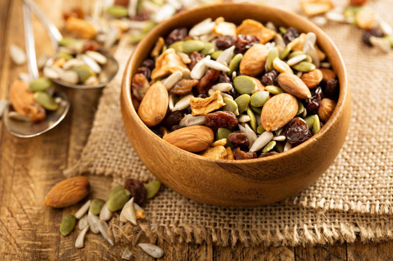 Whole-wheat crackers, Peanut butter, Nut butters, Canned fish and poultry, Trail mixes, Whole grains, Granola bars and power bars, Pureed foods, Whole-grain pasta, Dried beans, Dried vegetables, Non-dairy milk