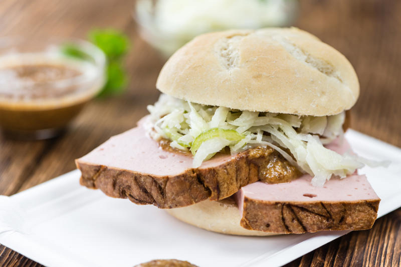 Leberkäsesemmel, Germany Vegemite, Australia, Yakisoba-pan, Japan, Roti john, Malaysia/Singapore, Vada pav, India, Breakfast roll, Ireland, Kaya toast, Singapore, Francesinha, Portugal, Bocadillo, Spain, Zapiekanka, Poland, Katsu sando, Japan, Cemita, Mexico, Bauru, Brazil, Rarebit, Wales, Leberkäsesemmel, Germany, Bánh mì, Vietnam, Jambon-beurre, France, Falafel, across the Middle East, Arepa, Venezuela, Montreal-style smoked meat, Canada, Pork chop bun, Macau, Tripleta, Puerto Rico, Chivito, Uruguay, Medianoche, Cuba, Chopped barbecue, USA, Gyro, Greece