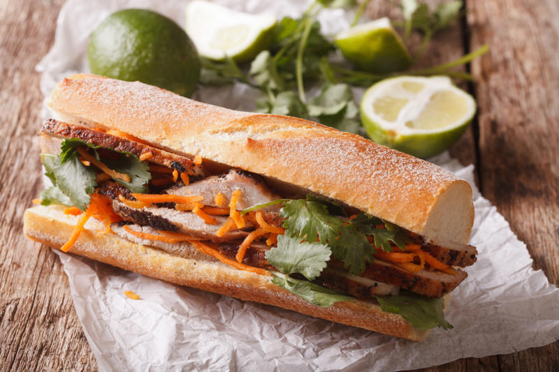 Bánh mì, Vietnam Vegemite, Australia, Yakisoba-pan, Japan, Roti john, Malaysia/Singapore, Vada pav, India, Breakfast roll, Ireland, Kaya toast, Singapore, Francesinha, Portugal, Bocadillo, Spain, Zapiekanka, Poland, Katsu sando, Japan, Cemita, Mexico, Bauru, Brazil, Rarebit, Wales, Leberkäsesemmel, Germany, Bánh mì, Vietnam, Jambon-beurre, France, Falafel, across the Middle East, Arepa, Venezuela, Montreal-style smoked meat, Canada, Pork chop bun, Macau, Tripleta, Puerto Rico, Chivito, Uruguay, Medianoche, Cuba, Chopped barbecue, USA, Gyro, Greece