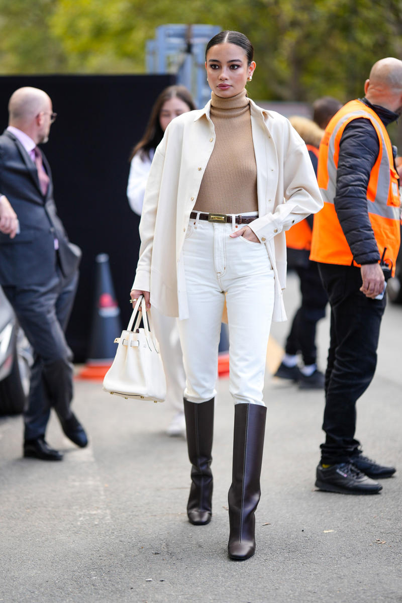 1. With a blazer, 2. An all-white ensemble, 3. With a leather jacket, 4. A casual cardigan, 5. With a button-down, 6. With platform shoes, 7. With butter yellow, 8. With animal prints, 9. With a trench coat, 10. With riding boots, 11. With a fitted top