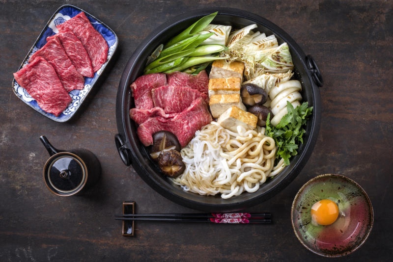 Sukiyaki Teriyaki chicken, Katsu don chicken, Kakuni bossam, Teriyaki salmon, Miso soup with duck, Nasu dengaku, Sukiyaki, Kake udon, Onigiri wrapped in nori seaweed