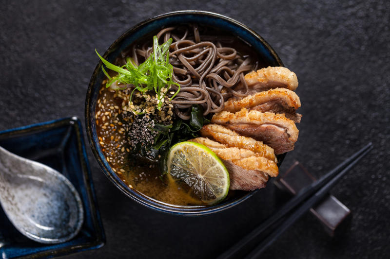 Miso soup with duck Teriyaki chicken, Katsu don chicken, Kakuni bossam, Teriyaki salmon, Miso soup with duck, Nasu dengaku, Sukiyaki, Kake udon, Onigiri wrapped in nori seaweed